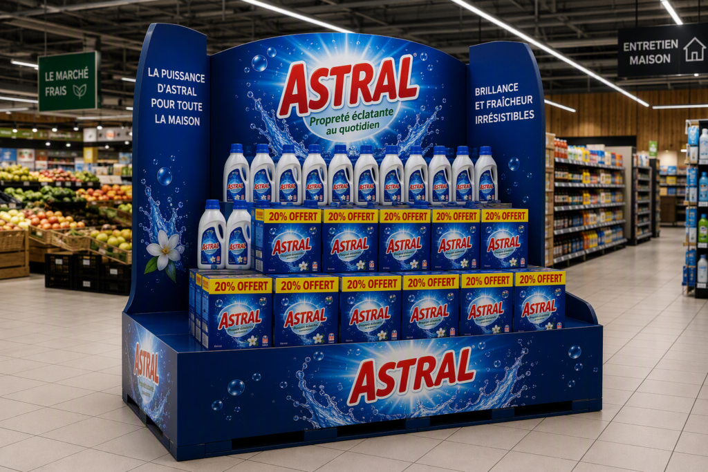 Astral laundry detergent promotional display in a supermarket, showcasing Amalthe's expertise in consumer brand development, retail activation and FMCG market growth.