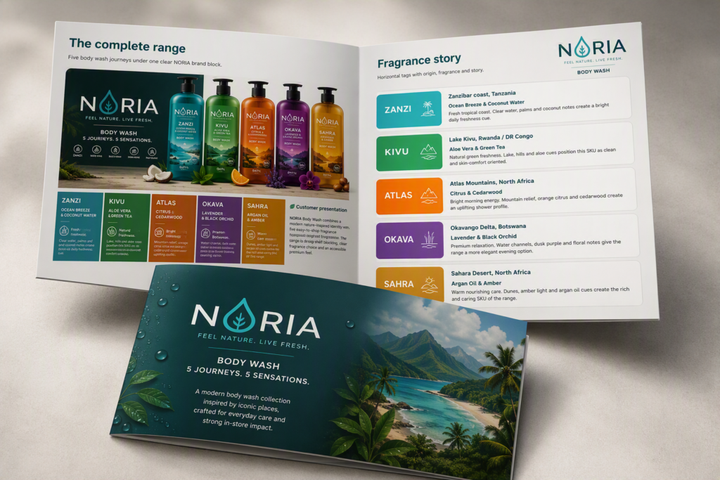 Noria body wash product catalogue presenting the complete fragrance collection including Zanzi, Kivu, Atlas, Okava and Sahra variants within Amalthe's personal care portfolio.