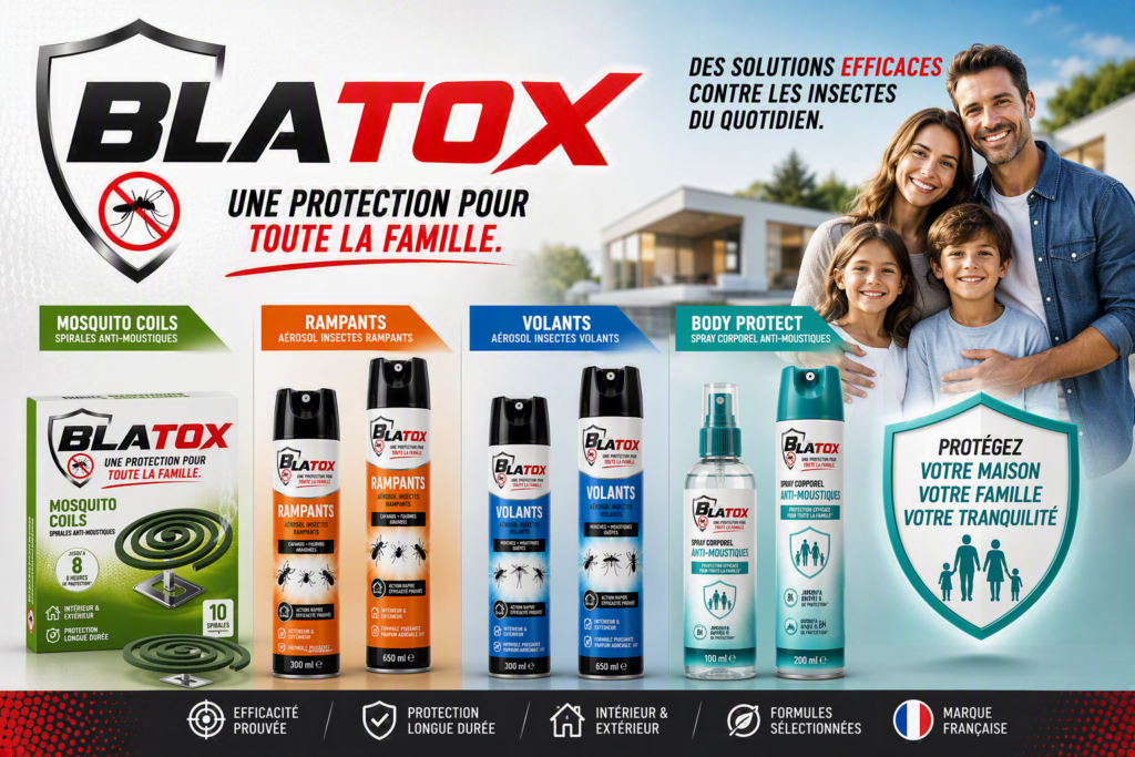 Panneau publicitaire Blatox présentant la gamme de protection contre les insectes pour toute la famille