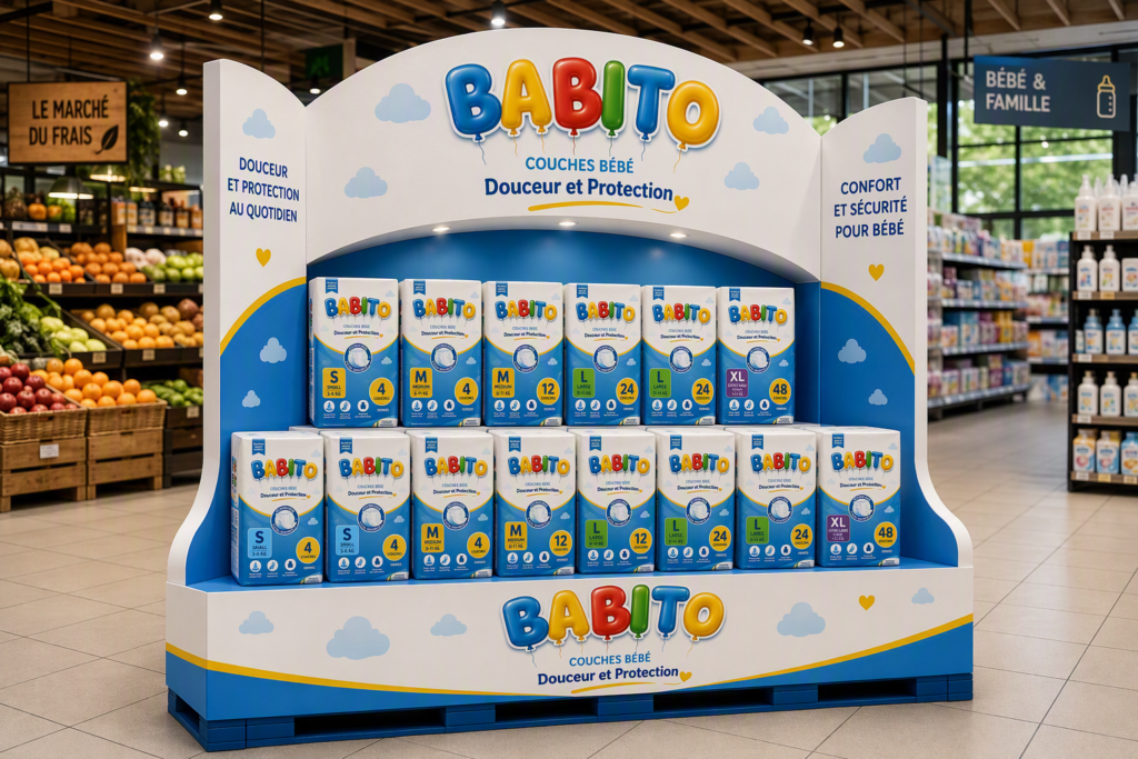 Babito baby diapers supermarket display promoting Amalthe's baby care brand portfolio through retail activation and consumer engagement in modern retail environments.