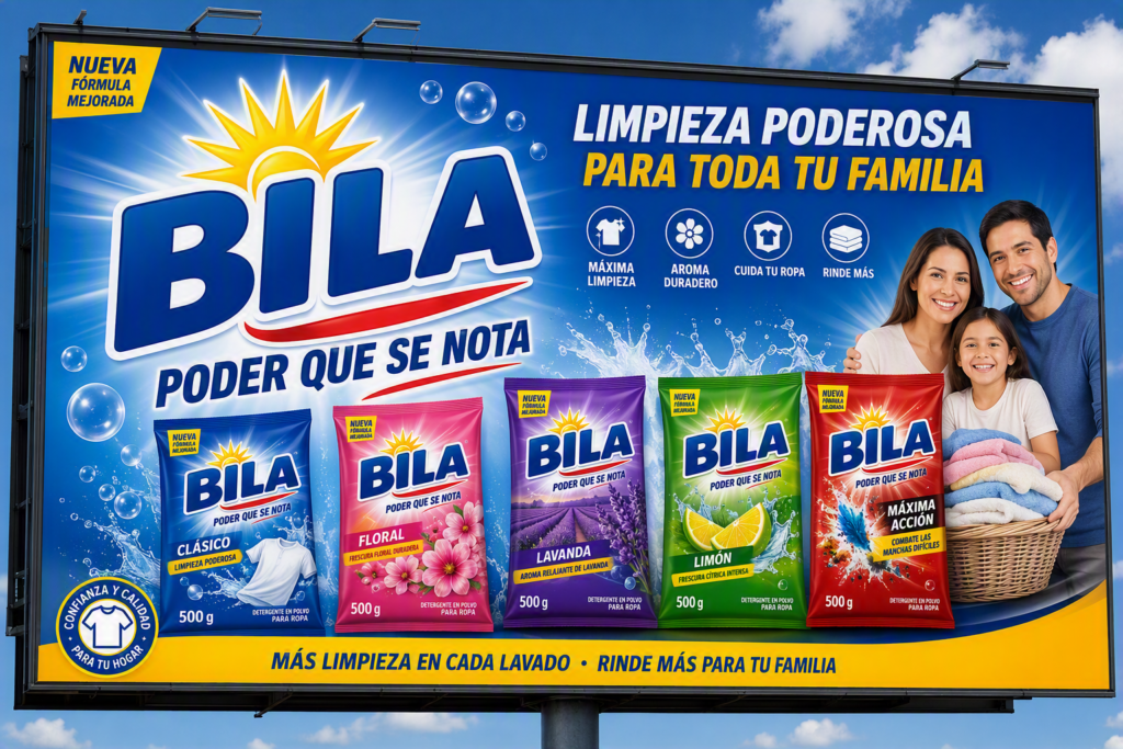 Valla publicitaria de Bila detergente en polvo con el mensaje Poder que se nota