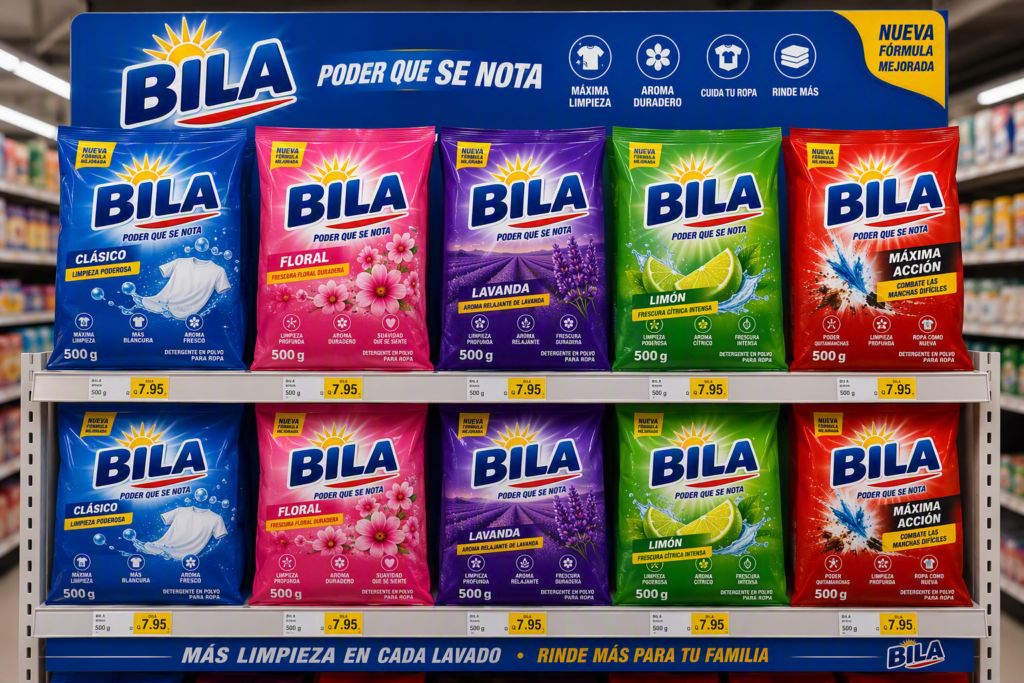 Exhibición en supermercado de detergente en polvo Bila con toda la gama de productos