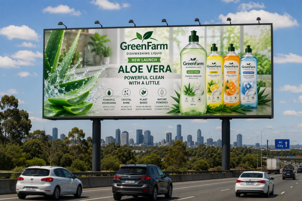 GreenFarm dishwashing liquid billboard campaign promoting aloe vera, lemon, orange and anti-bacterial variants within Amalthe's home care portfolio, supporting brand awareness and consumer engagement across retail markets.