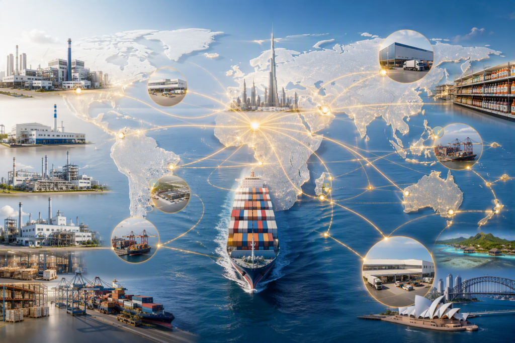 Amalthe global sourcing and manufacturing network connecting production hubs, international distribution routes and consumer markets supporting Astral, Noria, Babito, GreenFarm, Blatox and Bila brands.