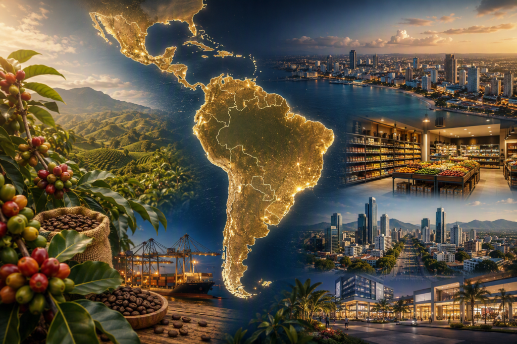 Latin America consumer goods markets featuring regional map, retail development, urban centres and FMCG distribution opportunities across Central and South America.