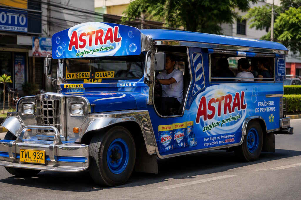 Astral laundry detergent mobile brand activation campaign using public transport advertising to strengthen consumer awareness and retail visibility across FMCG markets.