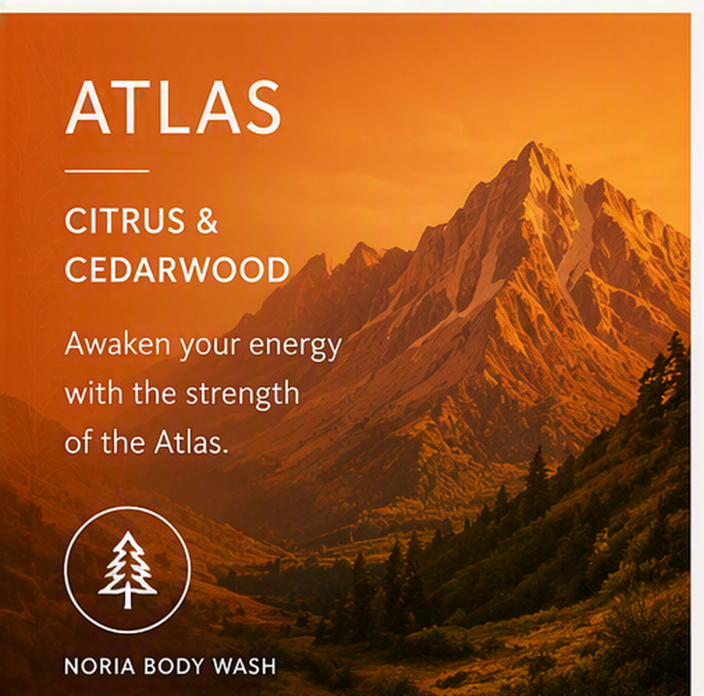 Noria Atlas body wash fragrance inspiration featuring citrus and cedarwood notes, representing the energetic and refreshing character of the Atlas collection within Amalthe's personal care portfolio.