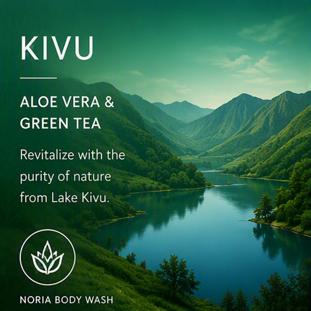 Noria Kivu body wash fragrance inspiration featuring aloe vera and green tea notes, representing the natural freshness and purity of the Kivu collection within Amalthe's personal care portfolio.