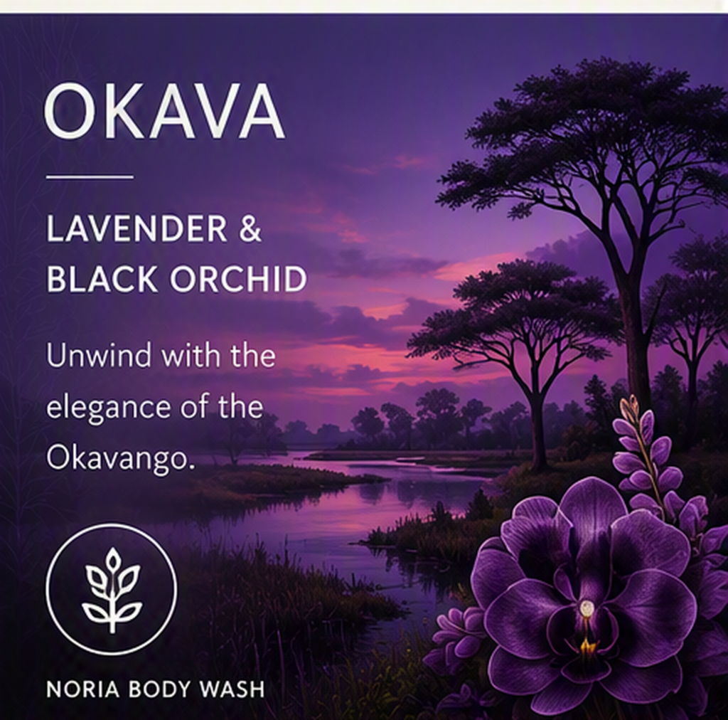 Noria Okava body wash fragrance inspiration featuring lavender and black orchid notes, representing the elegant Okavango-inspired character of the Okava collection within Amalthe's personal care portfolio.