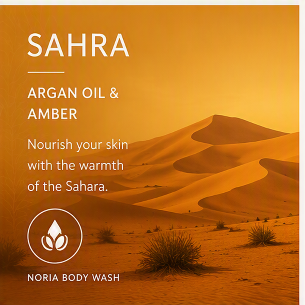 Noria Sahra body wash fragrance inspiration featuring argan oil and amber notes, representing the warm desert character of the Sahra collection within Amalthe's personal care portfolio.