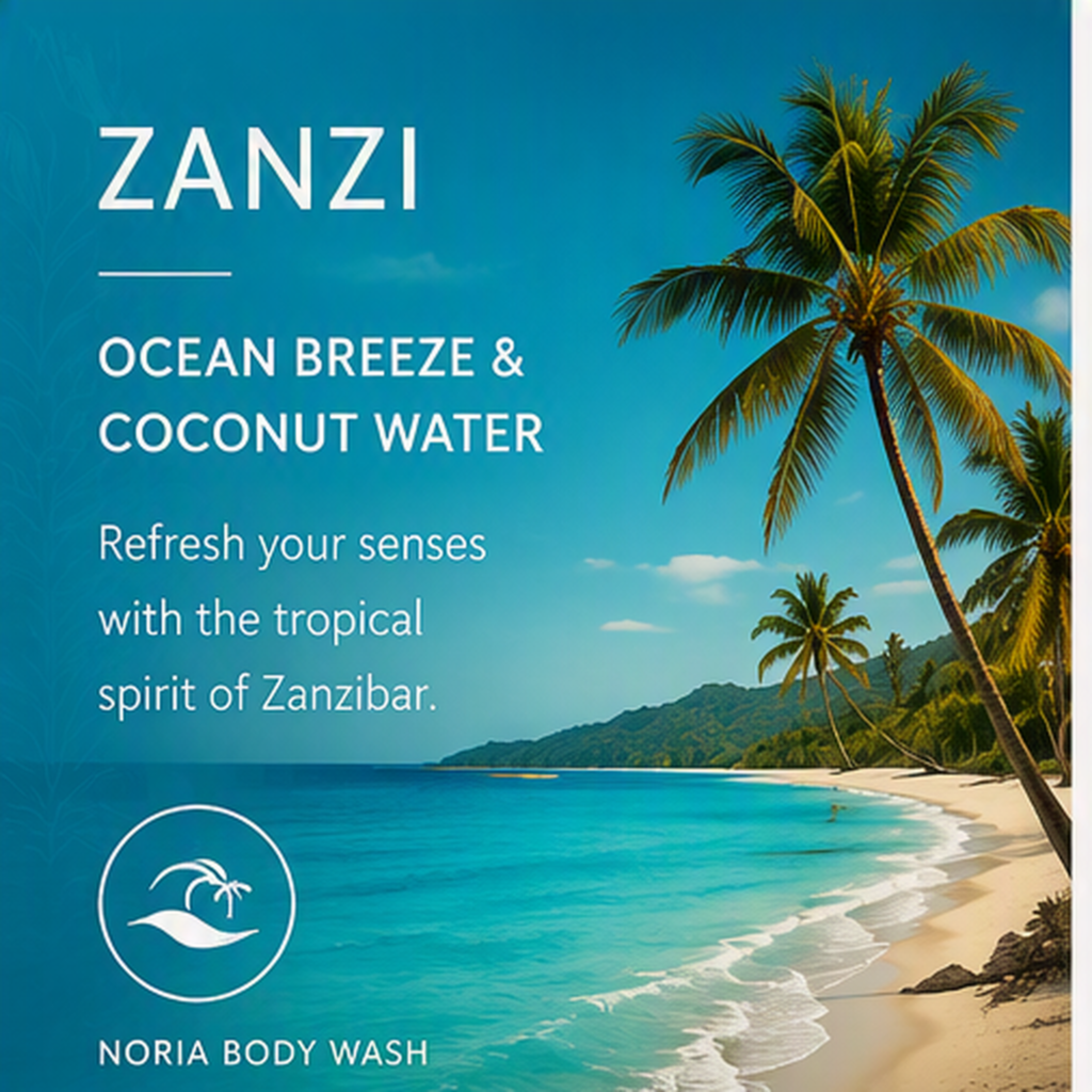 Noria Zanzi body wash fragrance inspiration featuring ocean breeze and coconut water notes, representing the tropical character of the Zanzi collection within Amalthe's personal care portfolio.