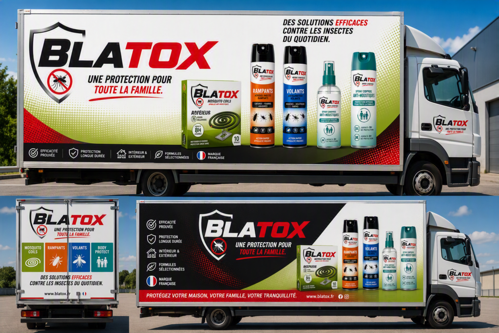 Camion promotionnel Blatox présentant la gamme de protection contre les insectes