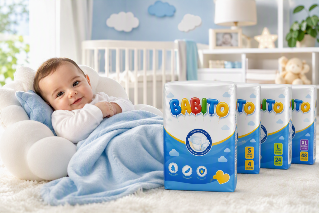 Babito baby diapers featured in a nursery lifestyle setting, highlighting comfort, protection and everyday infant care within Amalthe's baby care portfolio.