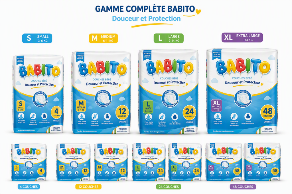 Babito baby diapers product catalogue featuring Small, Medium, Large and Extra Large sizes within Amalthe's baby care portfolio.