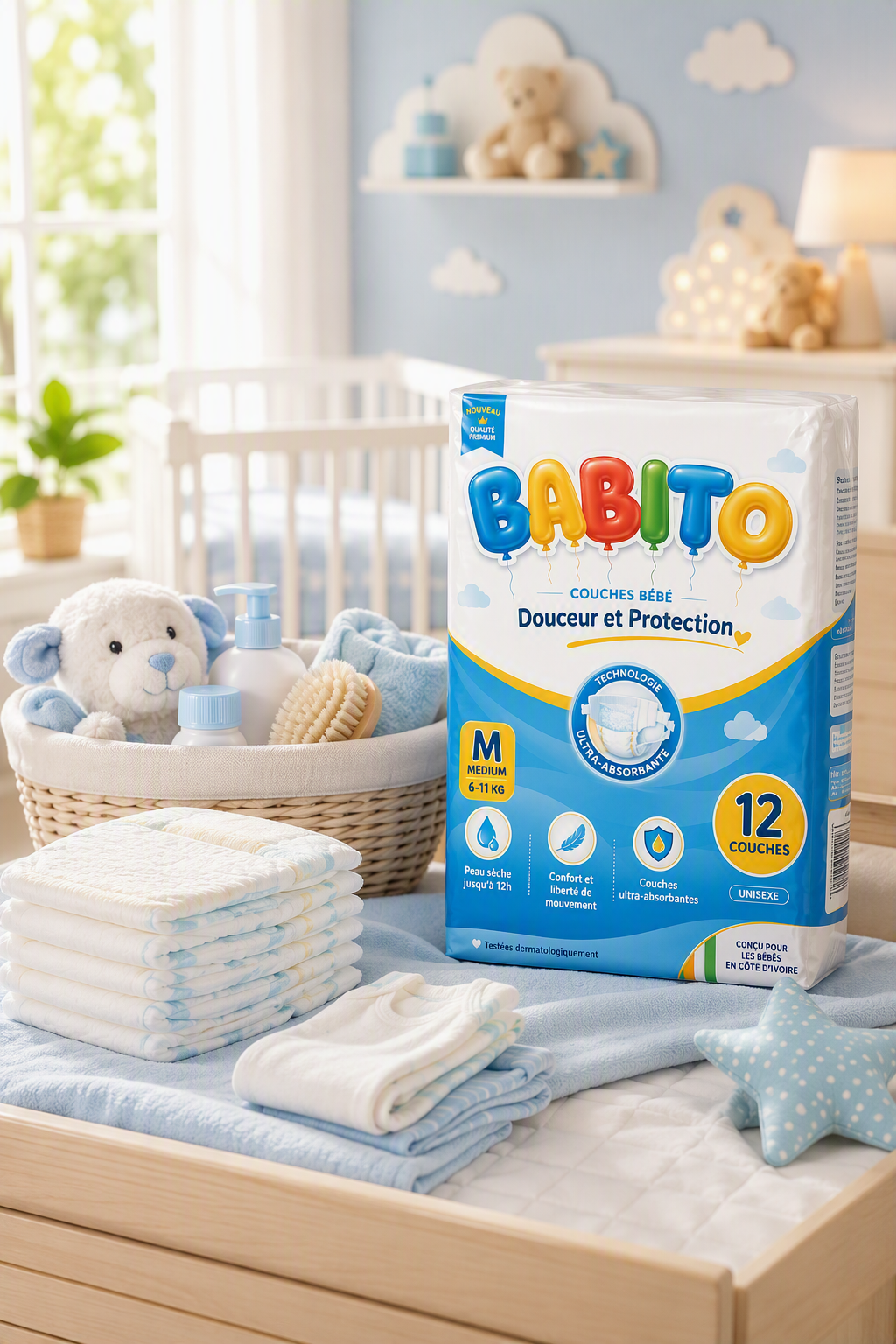 Babito baby diapers designed for softness, comfort and protection, supporting Amalthe's baby care portfolio and everyday infant care needs for families.