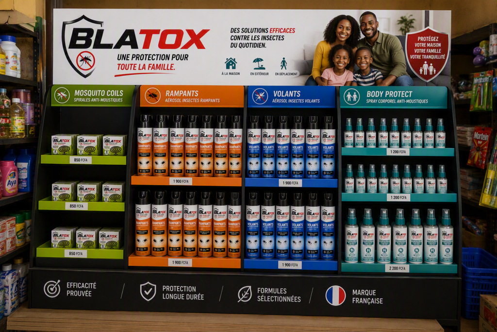 Blatox insect protection retail display showcasing mosquito coils, insect aerosols and personal protection products within Amalthe's consumer brand portfolio, supporting retail activation and household pest control markets.
