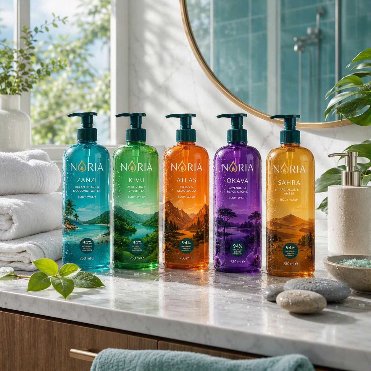 Noria body wash collection featuring Zanzi, Kivu, Atlas, Okava and Sahra fragrances, supporting Amalthe's personal care portfolio with nature-inspired cleansing and skincare products.