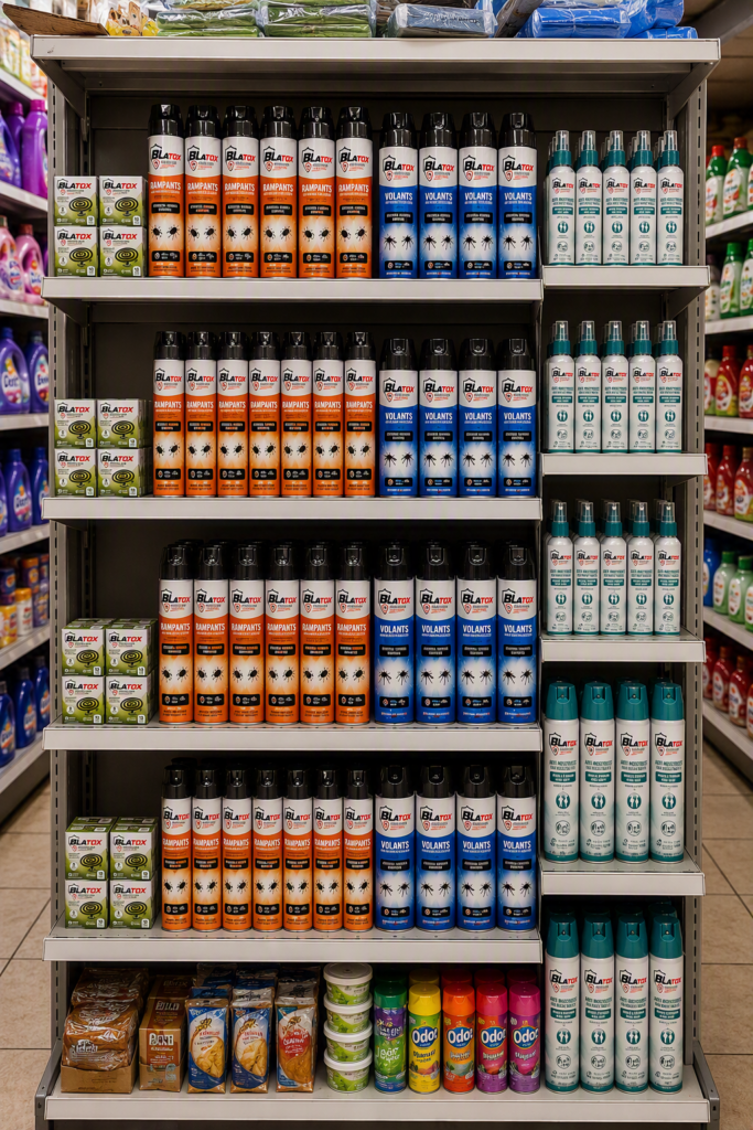 Produits Blatox présentés en rayon de supermarché avec la gamme complète de protection contre les insectes